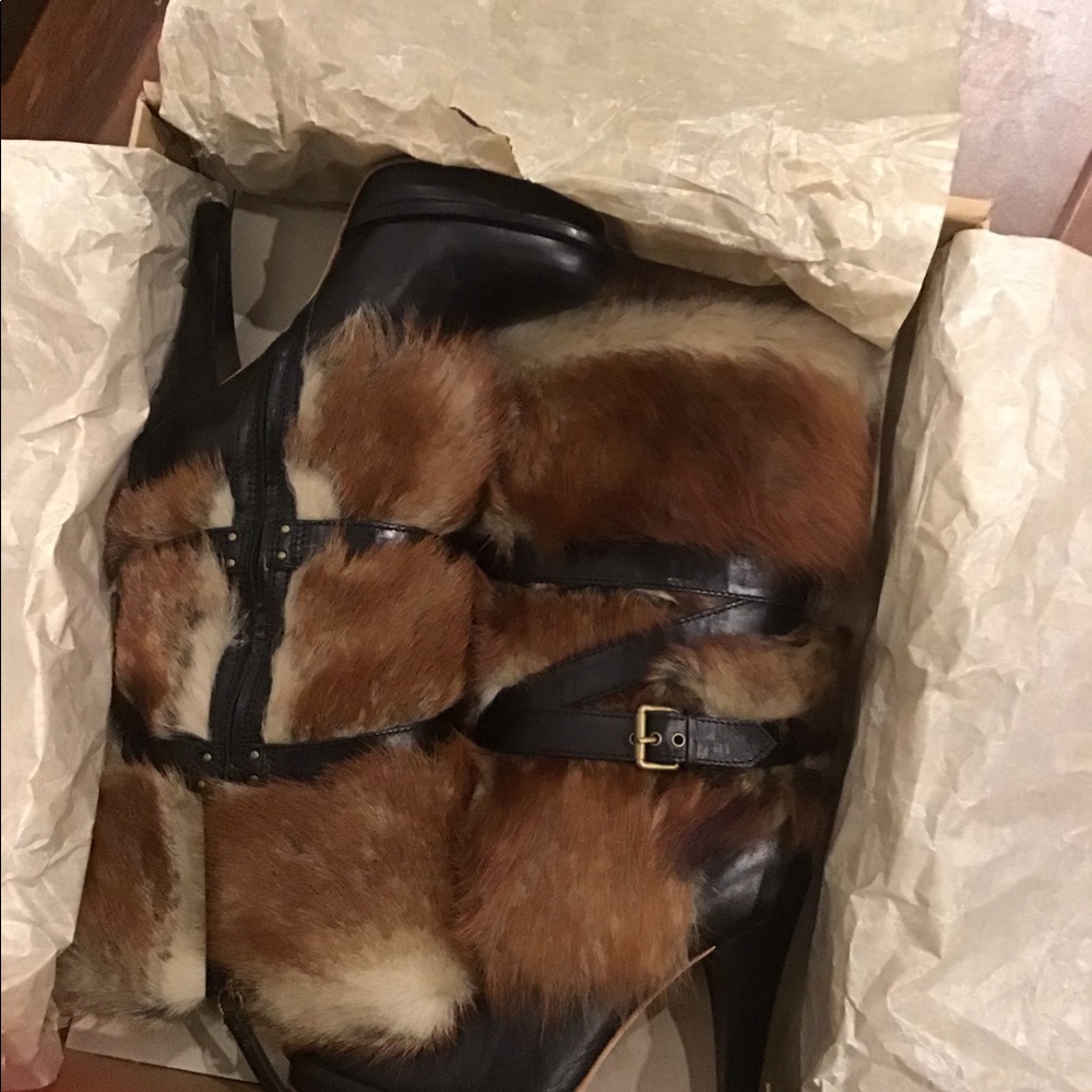 Ugg Foxley Fur Stiletto Heel Boots Buckles